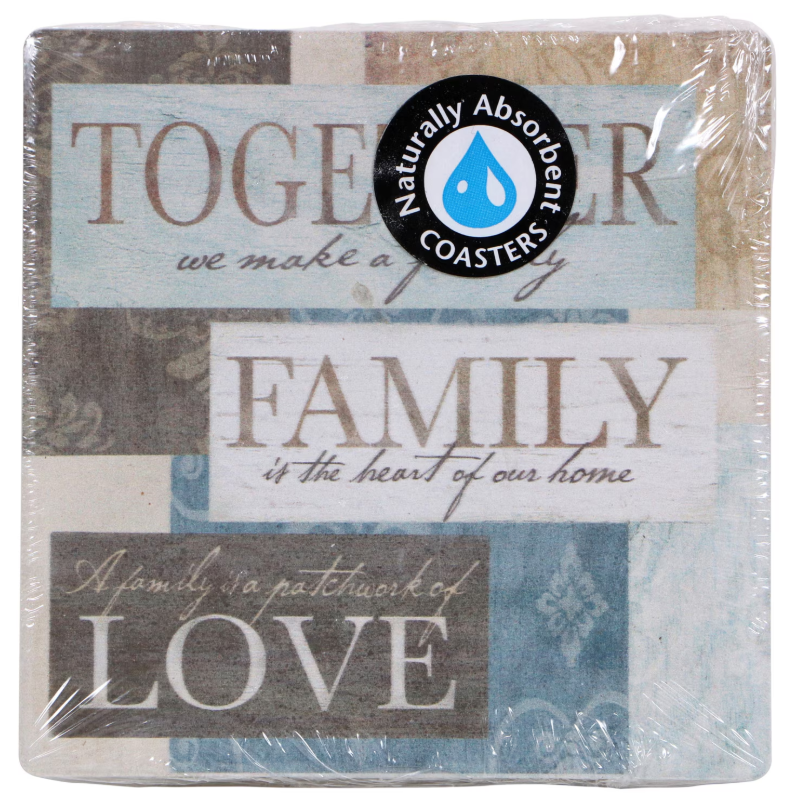 Square Family-Themed Stone Beverage Coasters, 3.75 in.