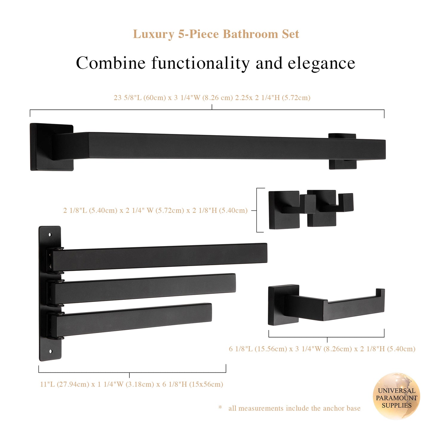 5-Piece Bathroom Hardware Accessory Set with Swivel Towel Rack, Modern 23-Inch Towel Bar Set Wall Mounted, Heavy Duty Stainless Steel Bathroom Accessories (Matte Black)