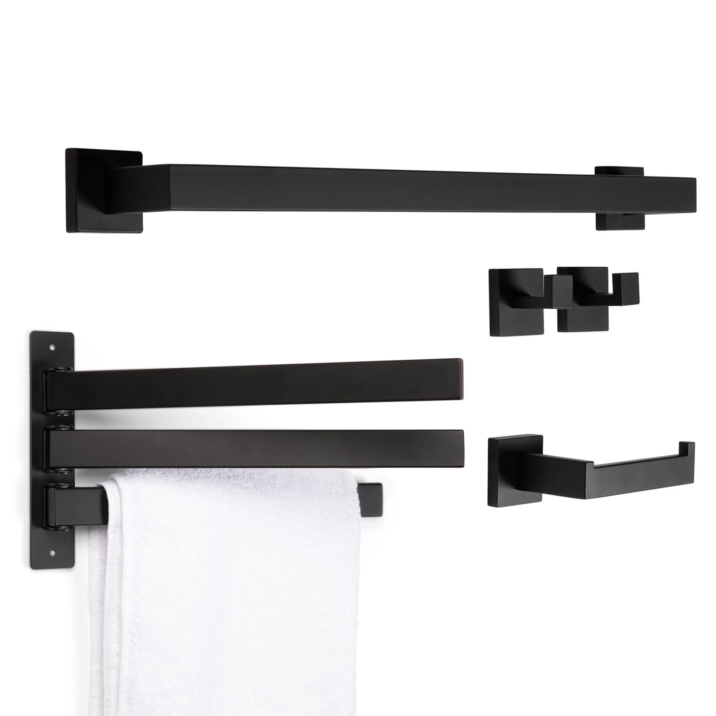 5-Piece Bathroom Hardware Accessory Set with Swivel Towel Rack, Modern 23-Inch Towel Bar Set Wall Mounted, Heavy Duty Stainless Steel Bathroom Accessories (Matte Black)