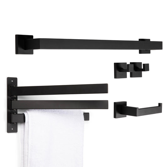 5-Piece Bathroom Hardware Accessory Set with Swivel Towel Rack, Modern 23-Inch Towel Bar Set Wall Mounted, Heavy Duty Stainless Steel Bathroom Accessories (Matte Black)